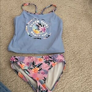 Kids Light Blue Floral Tankini Swim Set
